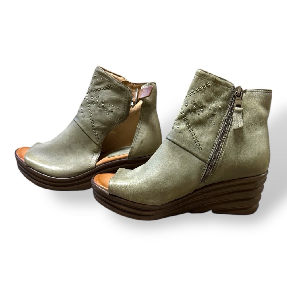 Miz Mooz Atlas Sage Leather Peep-Toe Wedge Booties